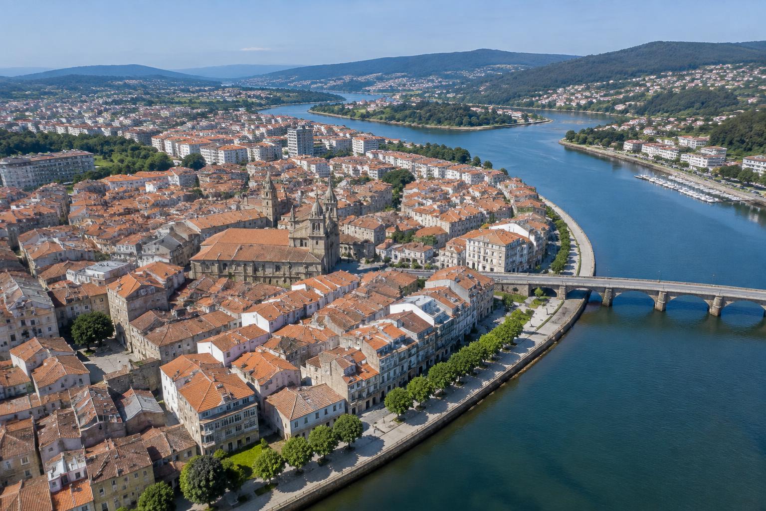 Vista aérea ilustrativa de Pontevedra y el río Lérez